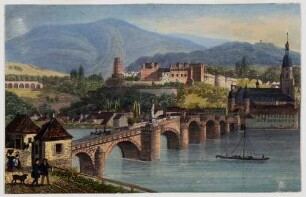 Heidelberg, Alte Brücke, Stadt und Schloss von Nordwesten