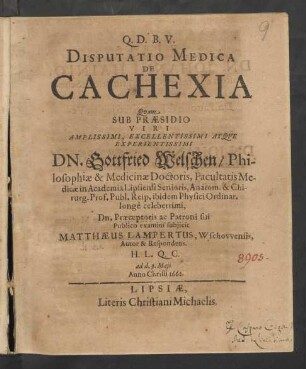 Disputatio Medica De Cachexia