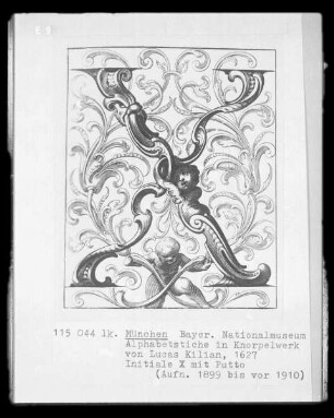 Alphabetstiche in Knorpelwerk: Initiale X mit Putto