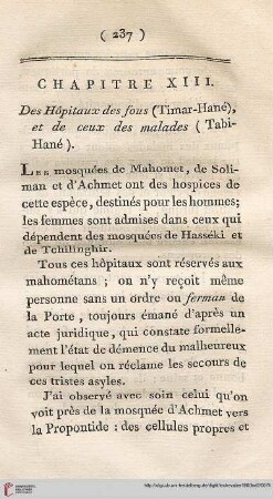 Chapitre XIII: Des Hôpitaux des fous (Timar-Hané), et de ceux des malades (Tabi-Hané)