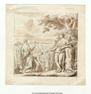 Ceres, mit Sichel und Garbe rechts neben einem Kornfeld, in dem zwei Schnitterinnen tätig sind, an einem Baumstumpf lehnend