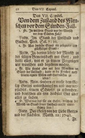 Das VII. Capitel. Von dem Zustand des Menschen vor dem Sünden-Fall. - Das VIII. Capitel. Von des Menschen betrübten Sünden-Fall.