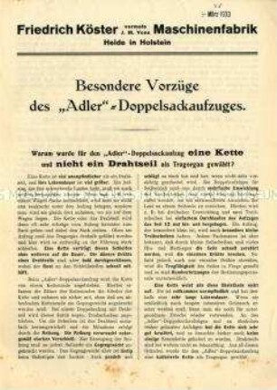 Besondere Vorzüge des "Adler"-Doppelsackaufzuges.