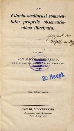 De filaria medinensi commentatio propriis observationibus illustrata : cum tabula aenea