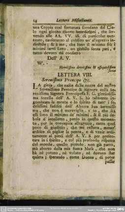Lettera VIII. Serenissima Prencipe &c.