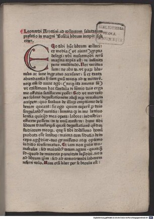 Leonardi Aretini ad collucium salutatum prefatio in magni Basilii librum incipit foeliciter