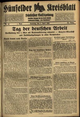 Erste Ausgabe vom Samstag, den 08. April 1933.