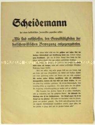 Flugblatt mit einem Interview-Zitat von Philipp Scheidemann gegen den Bolschewismus
