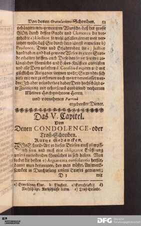 Das V. Capitel. Von Denen CONDOLENCE- oder Trost-Schreiben.