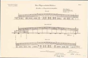 Wagenwerkstatt, Paderborn: Haupthalle: Aufriss Westansicht, Ostansicht, Längsschnitt 1:200