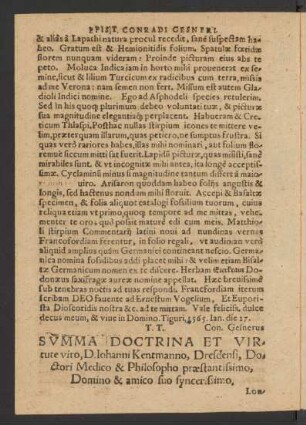 Summa Doctrina Et Virtute viro, D. Iohanni Kentmanno, Dresdensi, Doctori Medico & Philosopho praestantissimo, Domino & amico suo syncerissimo.