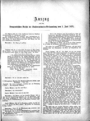 Auszug aus dem amtlichen stenographischen Bericht über die Sitzung der Stadtverordneten-Versammlung am 1. Juni 1876