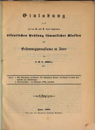Einladung zu der ... öffentlichen Prüfung sämmtlicher Klassen des Gesammtgymnasiums zu Jever. 1853/54 (1854)