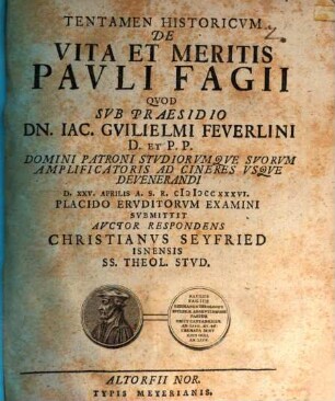 Tentamen Historicvm De Vita Et Meritis Pavli Fagii