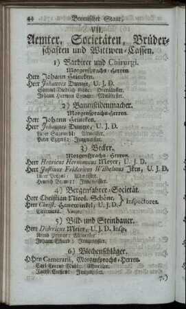 VII. Aemter, Societäten, Brüderschaften und Wittwen-Cassen.
