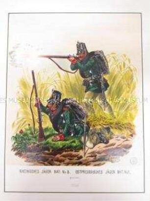 Uniformdarstellung, Gemeine des Rheinischen Jäger-Bataillons No. 8 und des Ostpreußischen Jäger-Bataillons No. 1, Preußen, 1864. Tafel 58 aus: Schindler: Militair-Album.