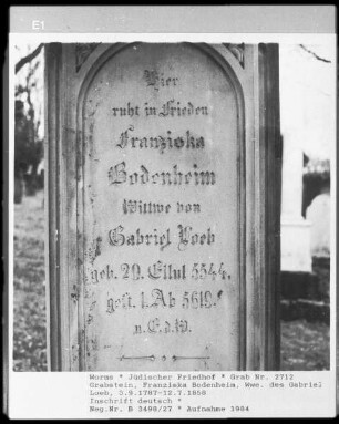 Grabstein der Franziska Bodenheim, Witwe des Gabriel Loeb (gestorben 1858.07.12)