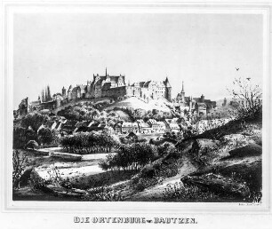 Die Ortenburg von Bautzen, Buchdruck; 254 x 362 mm (Blattgröße). Aus: Poenicke, G. A., Heise, F. : Album der Rittergüterund Schlösser im Königreich Sachsen, III. Section, Markgrafenthum Oberlausitz. Leipzig: Expedition des Albums Sächsischer Rittergüter und Schlösser, ca. 1859. Dresden: SLUB Hist.Sax.H.3.m-3