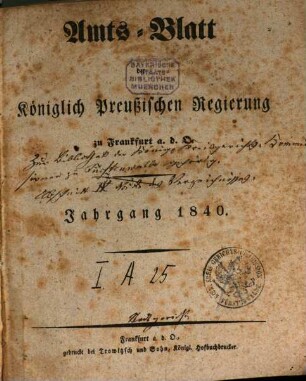 Amtsblatt der Regierung zu Frankfurt a.d. Oder. 1840