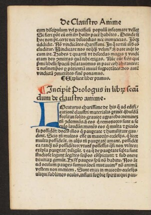 Incipit Prologus in librum secundum de claustro anime.