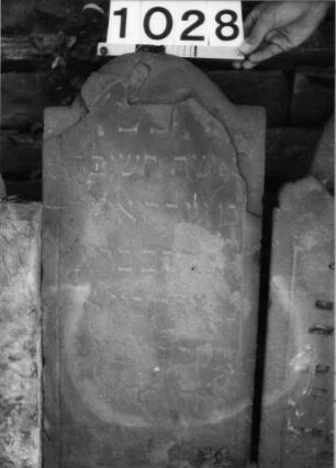 Grabstein 1028 (Index: 99630531) Material: Sandstein Zustand: abgeblättert, verwittert, Textverlust Maße HxBxT: 74x36x6 cm Beschreibung: Stele mit eingezogenem Segmentbogenabschluß: Grabstein 1028 (2)