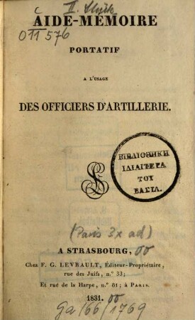 Aide-mémoire portatif à l'usage des officiers d'artillerie