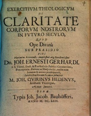 Exercitium Theologicum De Claritate Corporum Nostrorum In Futuro Seculo