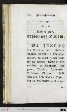 Beylagen. Nro. II. Kaiserliches Erhöhungs-Diplom