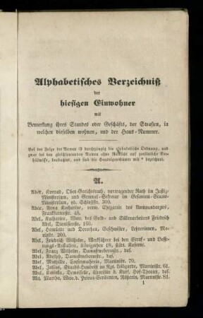 Alphabetisches Verzeichniß der hiesigen Einwohner