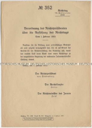 Drucksache des Reichstages Nr. 352 der VII. Wahlperiode mit Bekanntgabe der Auflösung des Reichstages nach Artikel 25 der Reichsverfassung durch den Reichspräsidenten Paul von Hindenburg und den Reichskanzler Adolf Hitler