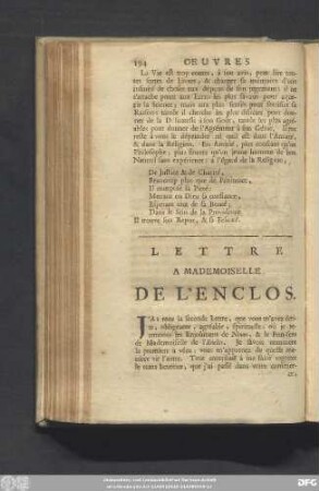 Lettre A Mademoiselle De L'Enclos.