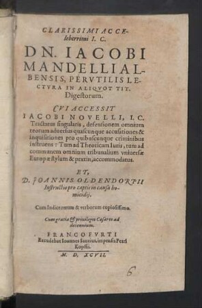 Clarissimi Ac Celeberrimi I. C. Dn. Iacobi Mandelli Pervtilis Lectvra In Aliqvot Tit. Digestorum