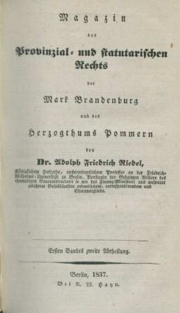 Ersten Bandes zweite Abtheilung