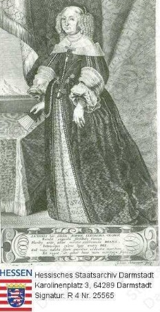 Sophie Eleonore Landgräfin v. Hessen-Darmstadt geb. Herzogin v. Sachsen (1609-1671) / Porträt vor Raumkulisse, stehende Ganzfigur mit lateinischer Sockelinschrift