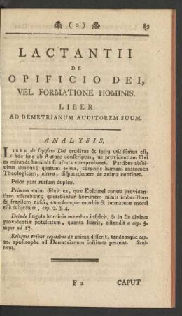 Lactantii De Opificio Dei, Vel Formatione Hominis