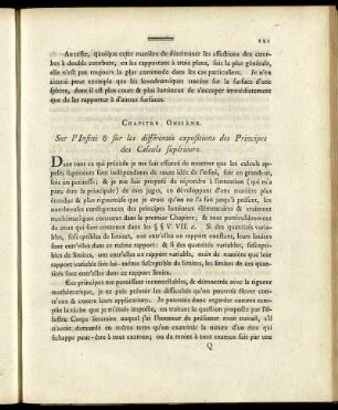Chapitre Onzième. Sur l' Infini & sur les différentes expositions des Principes des Calculs supérieurs.