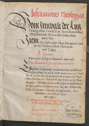Institutiones Theologicae. Vom Inhalt der Augspurgischen Confession