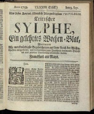 (LXXIII. Stück.) den 9. Sept. Anno 1752.