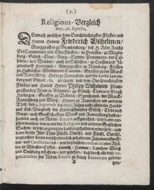 Religions-Vergleich 1672. 26. Aprilis.