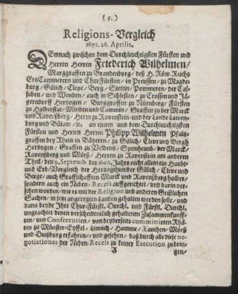 Religions-Vergleich 1672. 26. Aprilis.