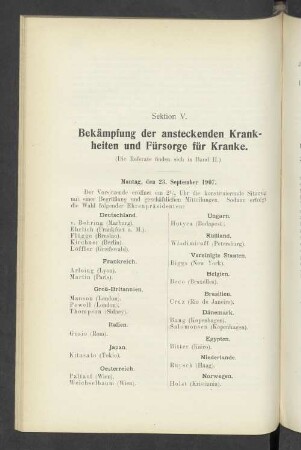Sektion V. Bekämpfung der ansteckenden Krankheiten und Fürsorge für Kranke.