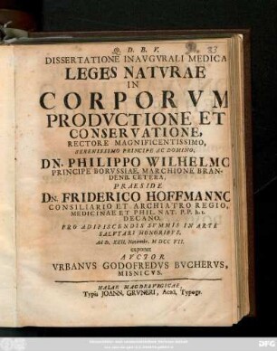 Dissertatione Inavgurali Medica Leges Natvrae In Corporvm Prodvctione Et Conservatione