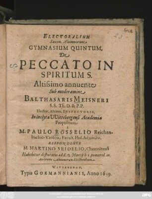 Electoralium Saxon. Alumnorum Gymnasium Quintum, De Peccato In Spiritum S.