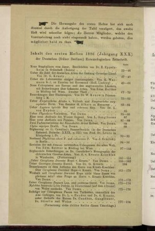 Inhalt des ersten Heftes 1886 (Jahrgang XXX)
