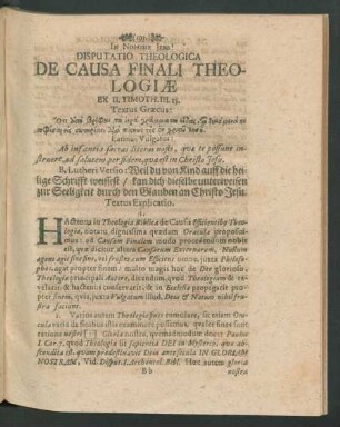 Disputatio Theologica De Causa Finali Theologiae