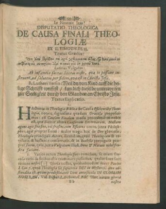 Disputatio Theologica De Causa Finali Theologiae