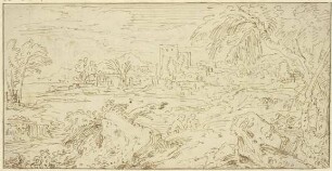 Landschaft mit Gebäuden, im Vordergrund Felsstücke und zwei nur halb sichtbare Figuren