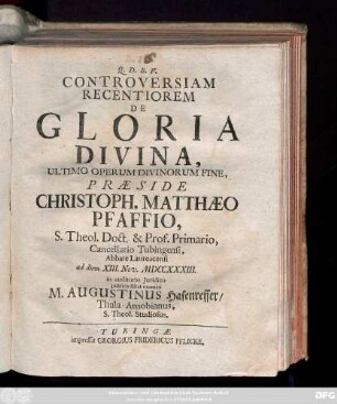 Controversia Recentiorem De Gloria Divina, Ultimo Operum Divinorum Fine