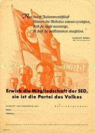 Illustriertes Propagandablatt der SED mit einem Zitat von August Bebel und Mitgliederwerbung