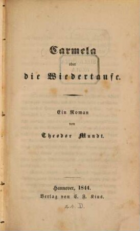 Carmela oder die Wiedertaufe : Ein Roman